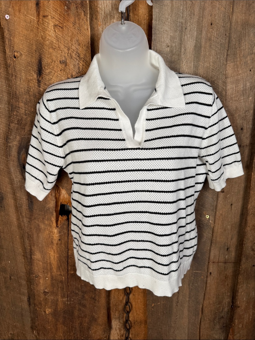 Vila Milano Women’s White & Black Striped Knit Polo Top